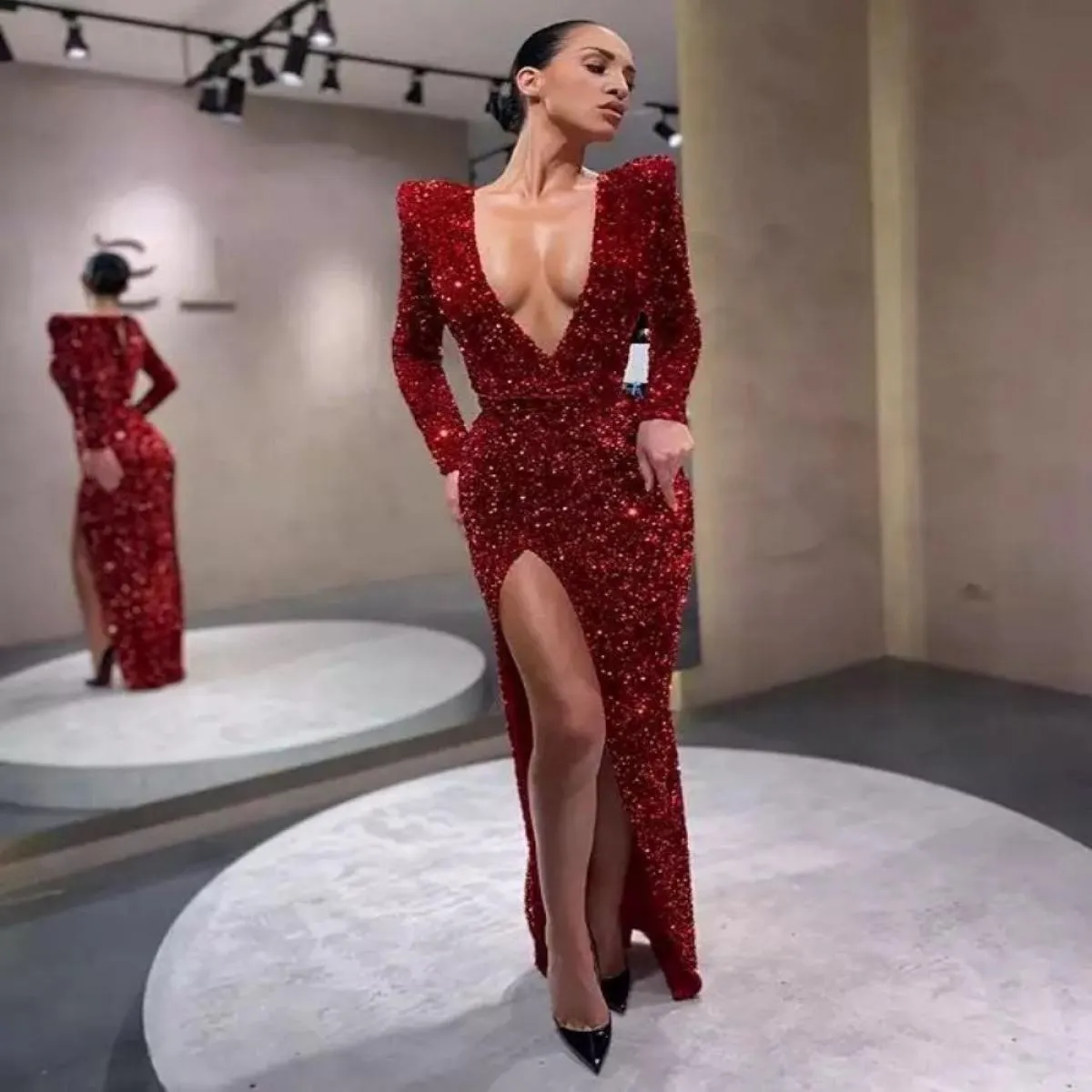 Abito da sera a sirena nera Party Night Abiti da notte Abiti da ballo da donna Maniche lunghe Paillettes Spacco laterale Robe De