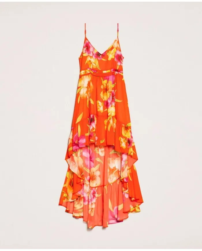 Asymmetric Long Dress for Women - Orange Print