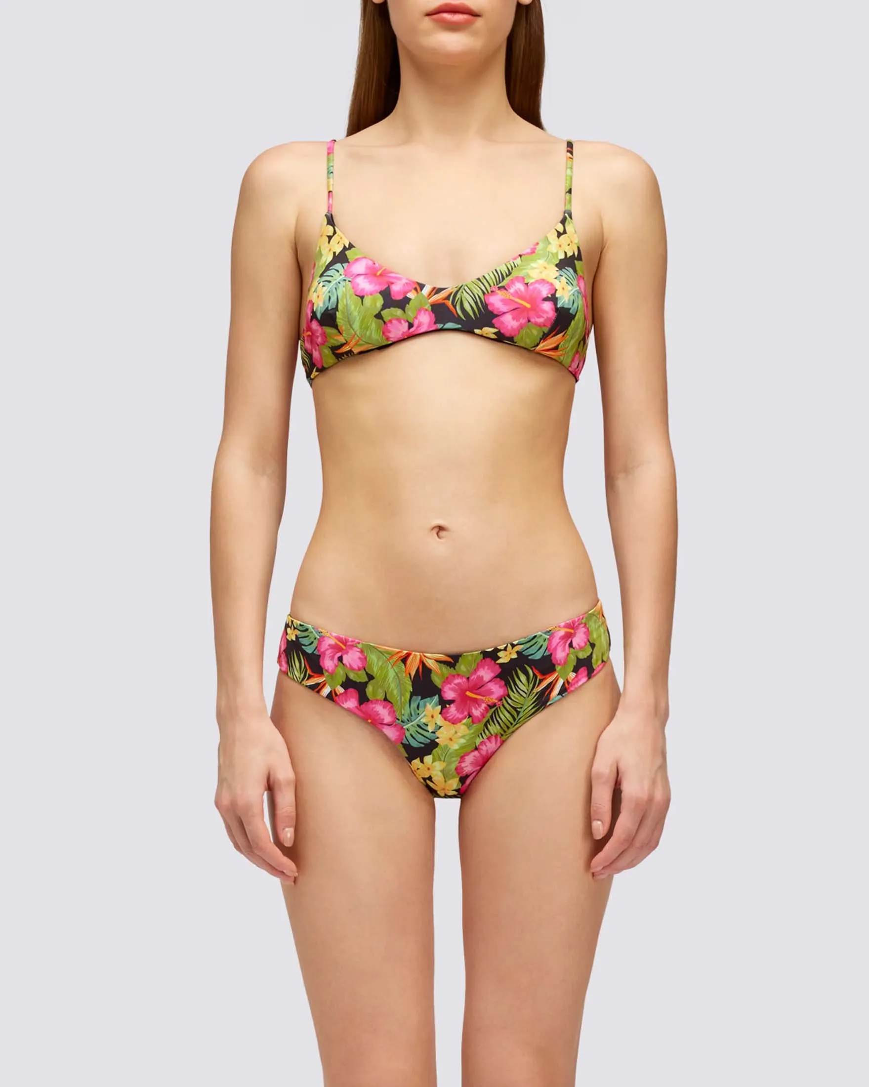 Black Multicolored Tropical Patterned Bikini with Bralette Top and Classic Bottom