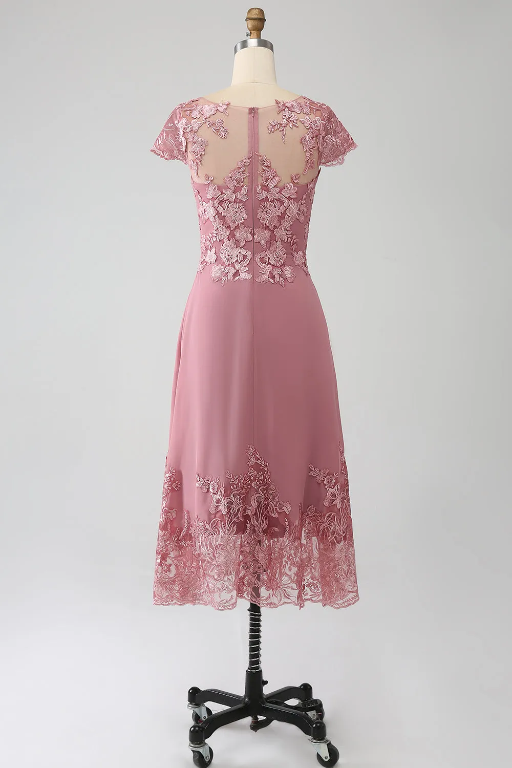 Dusty Rose Mother of the Bride Tea-Length Dress with Scoop Neck and Sequins