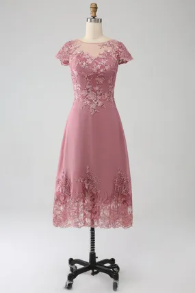 Dusty Rose Mother of the Bride Tea-Length Dress with Scoop Neck and Sequins
