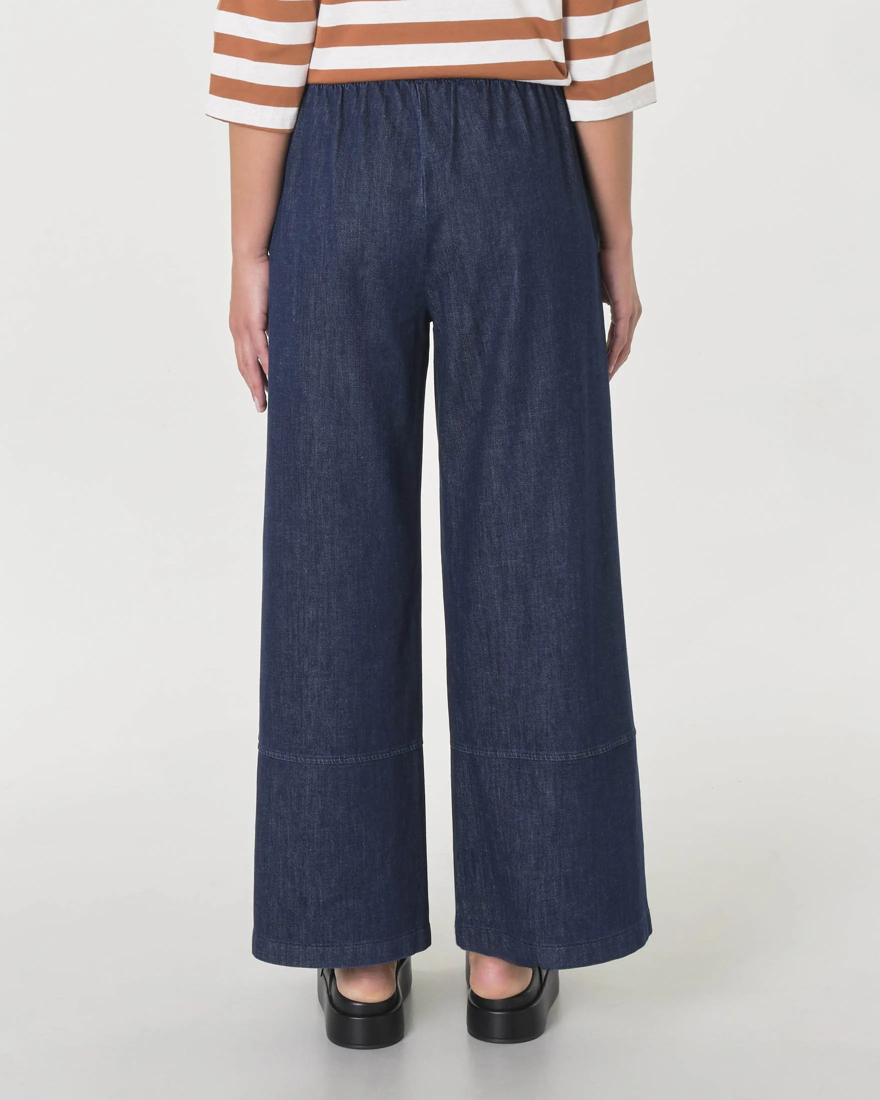 Blue Wide Leg Cotton Stretch Jeans with Elastic Waistband