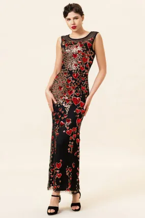 Long Flapper 1920s Dress Black Red Love Heart Beaded Crew Neck
