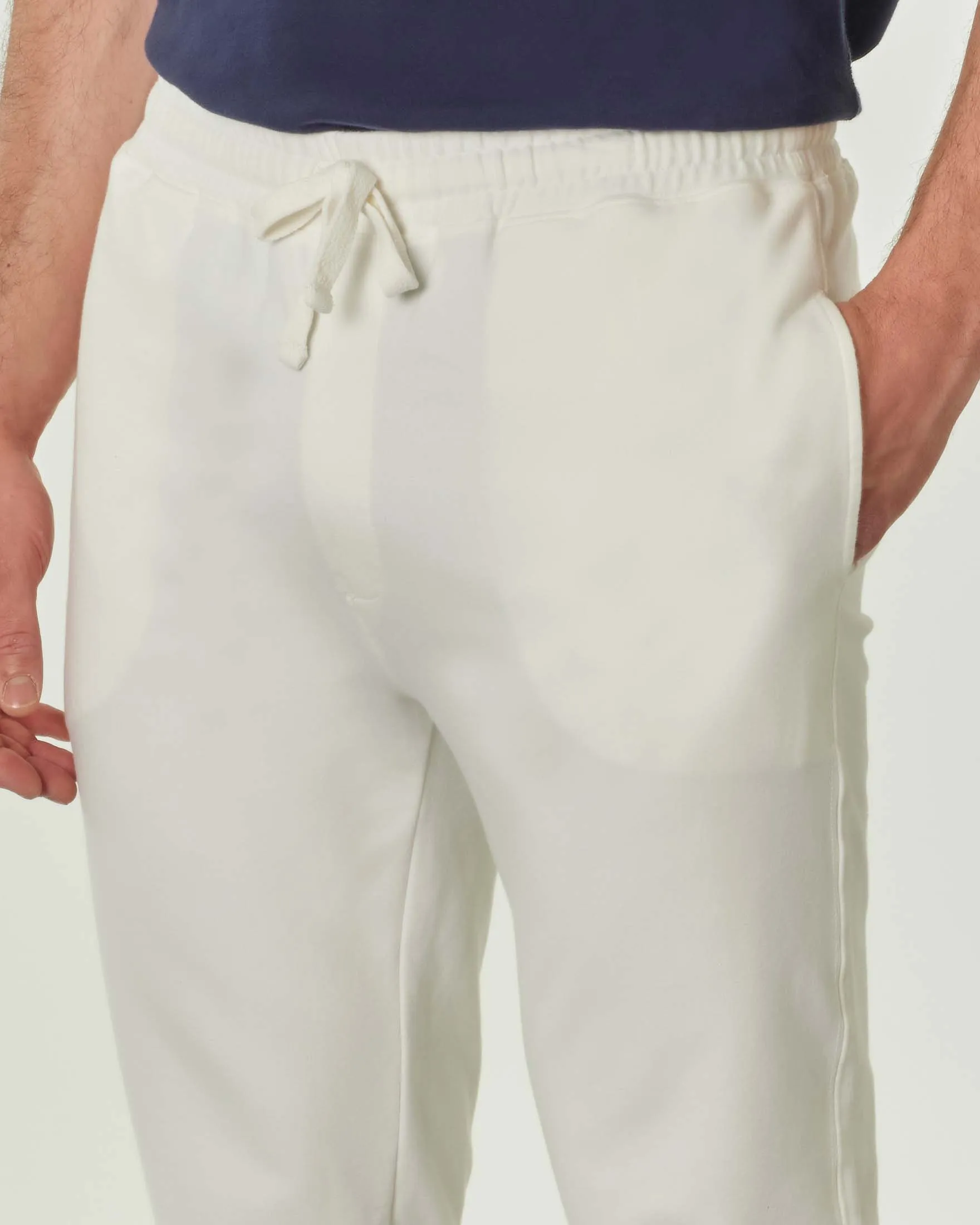 White Cotton Stretch Fleece Pants with Pocket