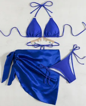 Purple Shiny Lycra Bikini with Triangle Bra and Rhinestone Chain Thin Strap