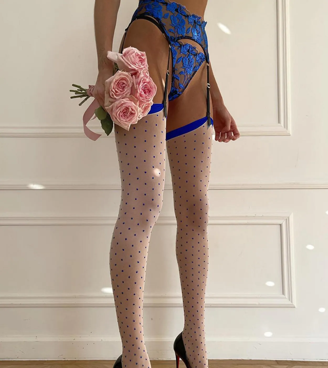 Women's Blue Lingerie Set with Garter Belt - 3-Piece Set