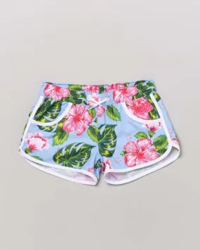 Short copricostume azzurro in fantasia fiori di ibisco con profilo bianco e arcobaleno sul retro 10-14 anni