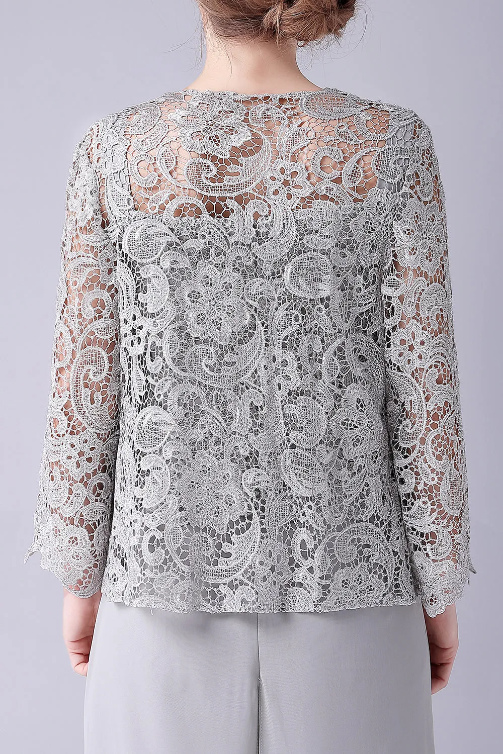 Silver Separate Lace Chiffon Pant Suit Mother of the Bride Dress