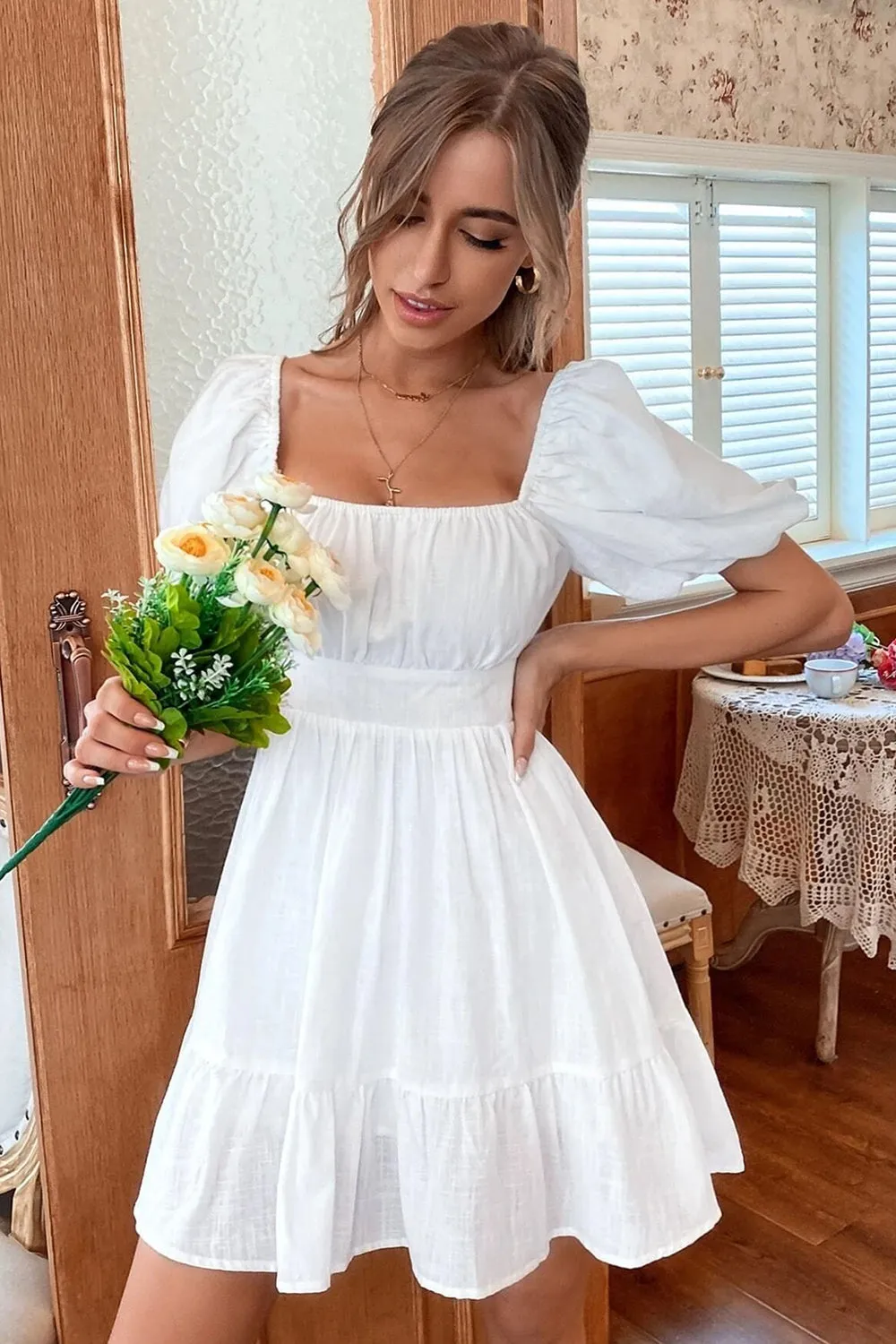 White Square Neck Short Sleeve Graduation Mini Dress