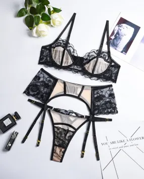 Floral Embroidered Lace Bra and Panty Set Patchwork Transparent Lingerie Set for Women