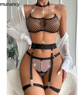 Net Lingerie Set with Halter Garter Set Women's Transparent Chain Thong Set in Black